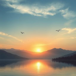 A serene landscape featuring a beautiful sunrise over a calm lake, with mountains in the background and a few birds flying in the sky