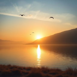 A serene landscape featuring a beautiful sunrise over a calm lake, with mountains in the background and a few birds flying in the sky