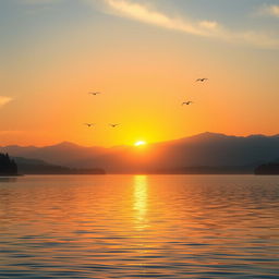 A serene landscape featuring a beautiful sunrise over a calm lake, with mountains in the background and a few birds flying in the sky