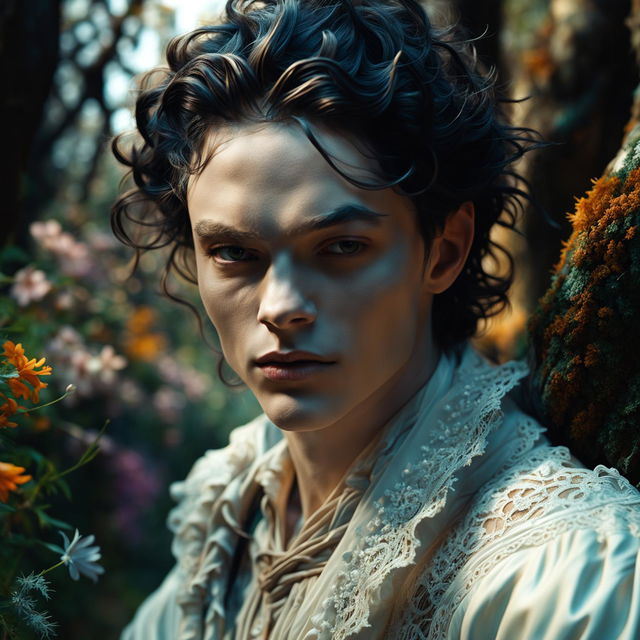 Intense close-up hyper-realistic 3D photograph of an androgynous Russian man in Rococo attire with ultra-high resolution facial features, immaculate composition and lighting in a vibrant mystical forest.