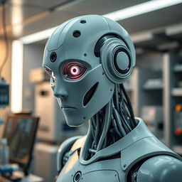 Um garoto robô ultra realista com inteligência artificial está em um laboratório, cercado por equipamentos científicos avançados