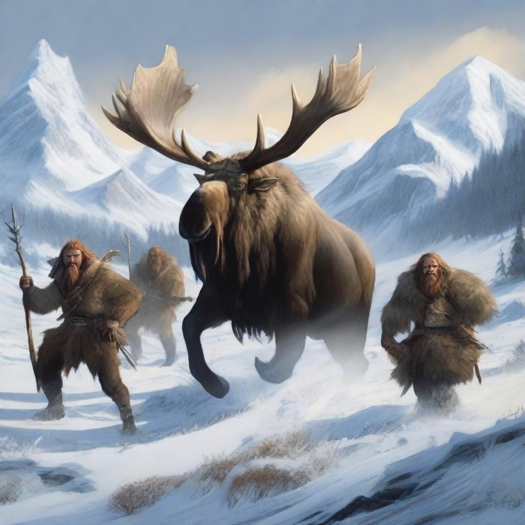 A group of fierce barbarians hunting a large moose in a vast, snowy tundra