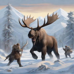 A group of fierce barbarians hunting a large moose in a vast, snowy tundra