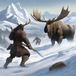 A group of fierce barbarians hunting a large moose in a vast, snowy tundra