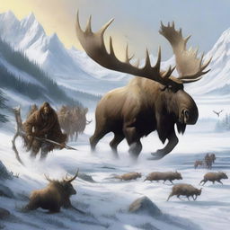 A group of fierce barbarians hunting a large moose in a vast, snowy tundra