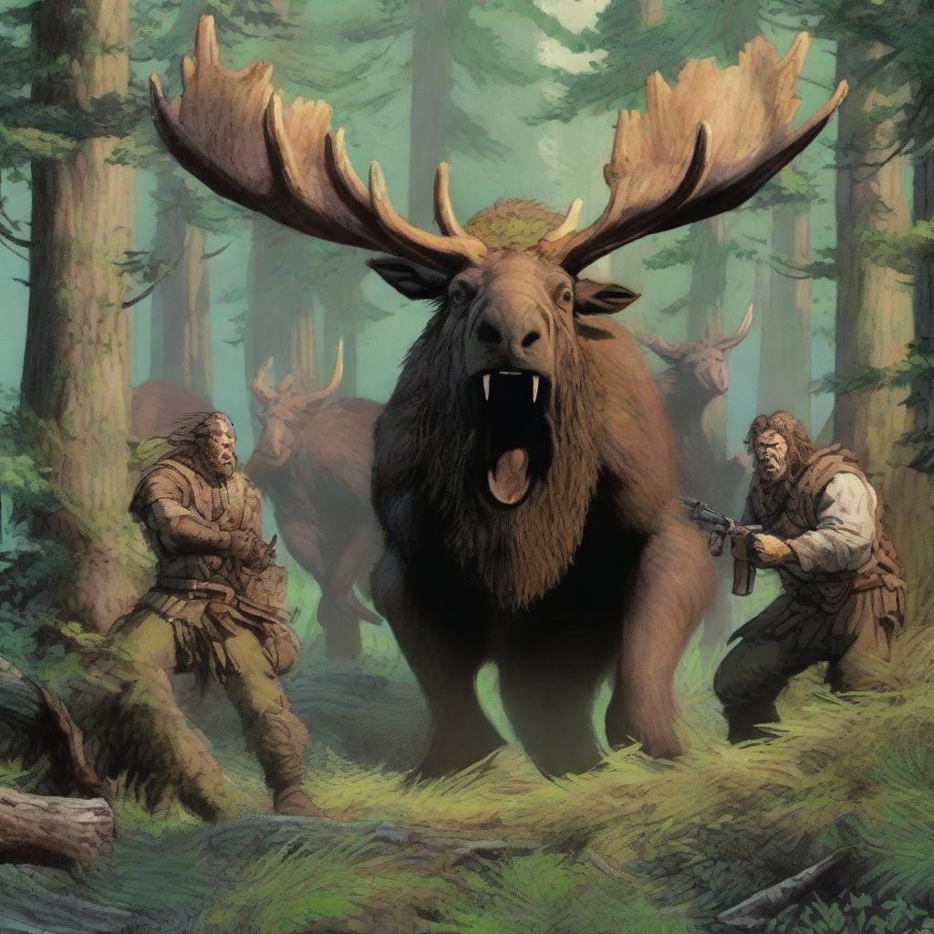 A group of fierce barbarians hiding behind a dense bush, ready to ambush a giant moose in a forest