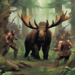 A group of fierce barbarians hiding behind a dense bush, ready to ambush a giant moose in a forest