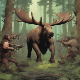 A group of fierce barbarians hiding behind a dense bush, ready to ambush a giant moose in a forest