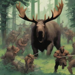 A group of fierce barbarians hiding behind a dense bush, ready to ambush a giant moose in a forest