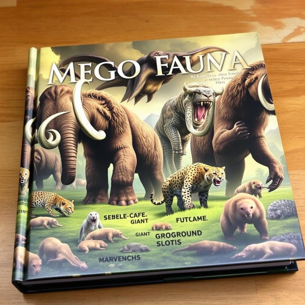 A captivating book cover featuring various mega fauna from prehistoric times, such as mammoths, saber-toothed cats, and giant ground sloths