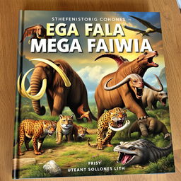 A captivating book cover featuring various mega fauna from prehistoric times, such as mammoths, saber-toothed cats, and giant ground sloths