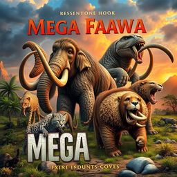 A captivating book cover featuring various mega fauna from prehistoric times, such as mammoths, saber-toothed cats, and giant ground sloths