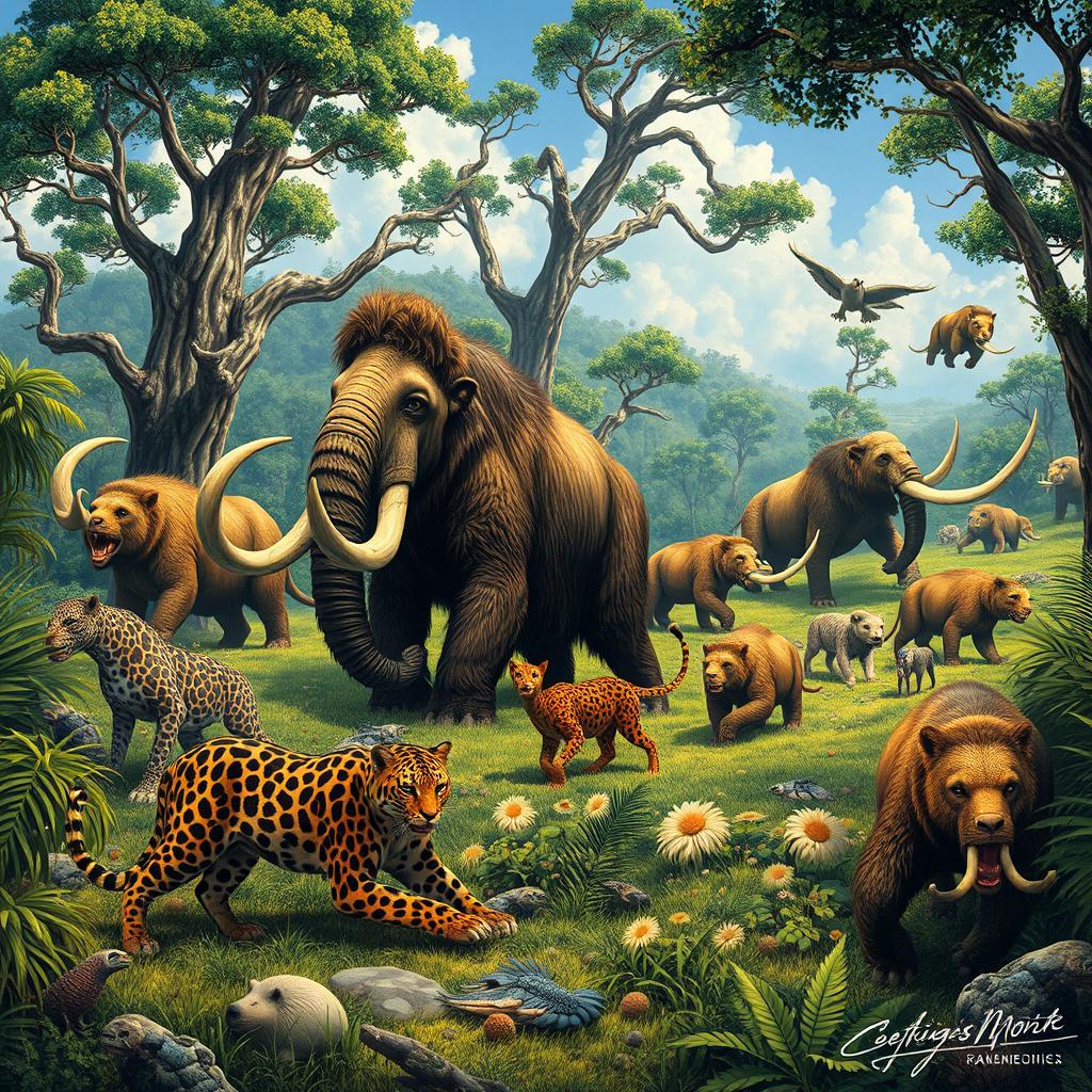 A detailed depiction of various megafauna, including mammoths, saber-toothed cats, and giant sloths, roaming a prehistoric landscape with lush vegetation and towering trees