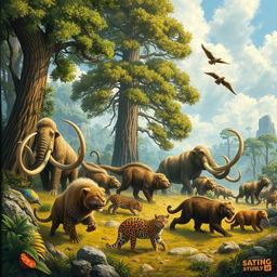 A detailed depiction of various megafauna, including mammoths, saber-toothed cats, and giant sloths, roaming a prehistoric landscape with lush vegetation and towering trees