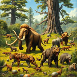 A detailed depiction of various megafauna, including mammoths, saber-toothed cats, and giant sloths, roaming a prehistoric landscape with lush vegetation and towering trees