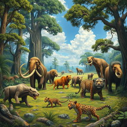 A detailed depiction of various megafauna, including mammoths, saber-toothed cats, and giant sloths, roaming a prehistoric landscape with lush vegetation and towering trees