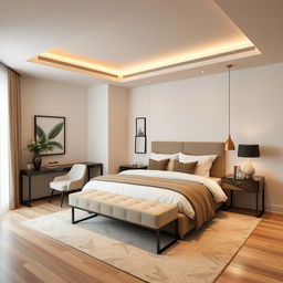 A cozy and modern bedroom with a comfortable bed, stylish furniture, and soft lighting