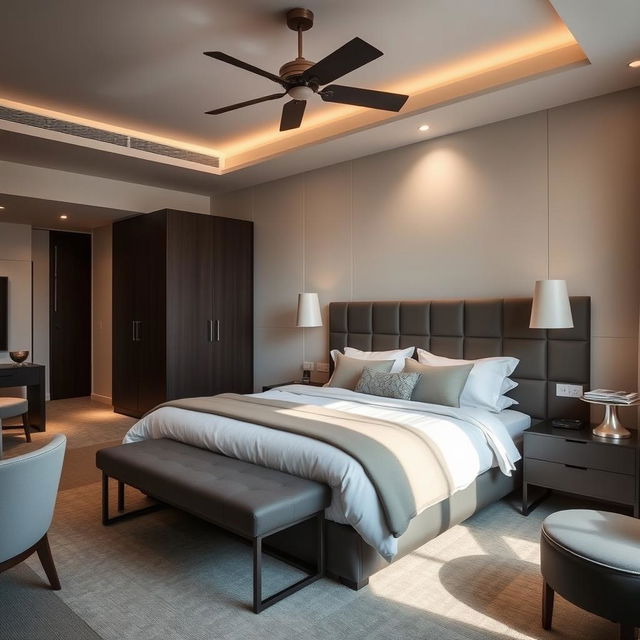 A cozy and modern bedroom with a comfortable bed, stylish furniture, and soft lighting