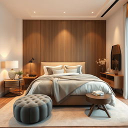 A cozy and modern bedroom with a comfortable bed, stylish furniture, and soft lighting