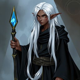 A young dark elf with long, straight, white hair reaching down to the waist, dressed in a black mage's robe with gold details