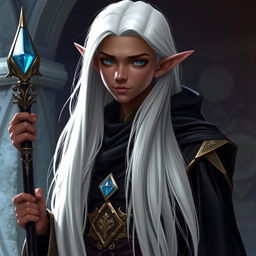 A young dark elf with long, straight, white hair reaching down to the waist, dressed in a black mage's robe with gold details