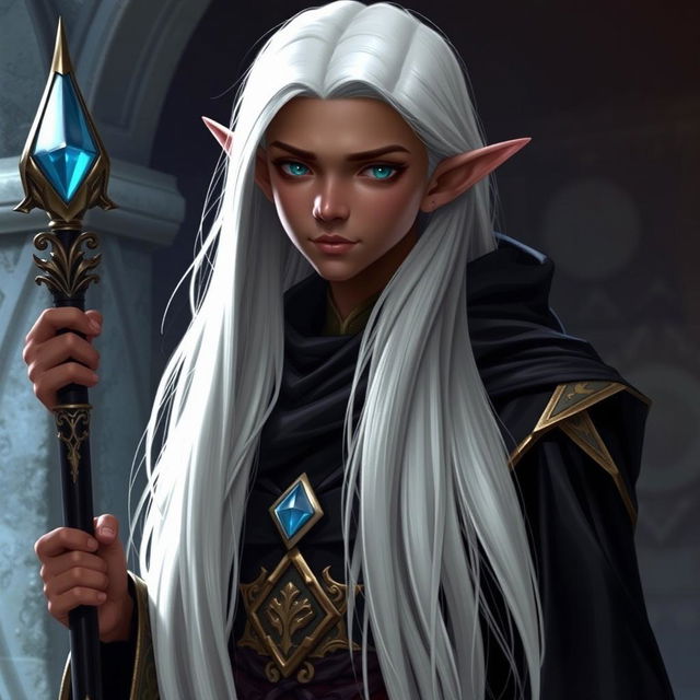 A young dark elf with long, straight, white hair reaching down to the waist, dressed in a black mage's robe with gold details