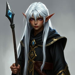 A young dark elf with long, straight, white hair reaching down to the waist, dressed in a black mage's robe with gold details