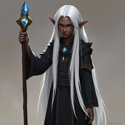 A young dark elf with long, straight, white hair reaching down to the waist, dressed in a black mage's robe with gold details