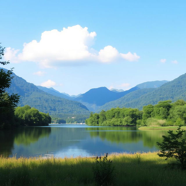 A serene landscape featuring a calm lake surrounded by lush green trees and mountains in the background