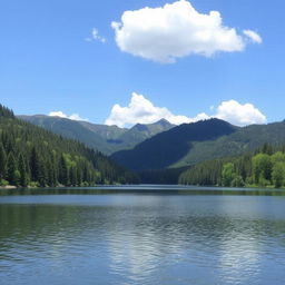 A serene landscape featuring a calm lake surrounded by lush green trees and mountains in the background