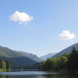 A serene landscape featuring a calm lake surrounded by lush green trees and mountains in the background