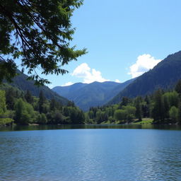 A serene landscape featuring a calm lake surrounded by lush green trees and mountains in the background