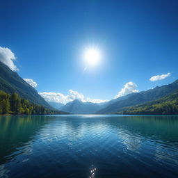 A beautiful landscape featuring a serene lake surrounded by lush green forests and majestic mountains in the background