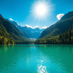 A beautiful landscape featuring a serene lake surrounded by lush green forests and majestic mountains in the background