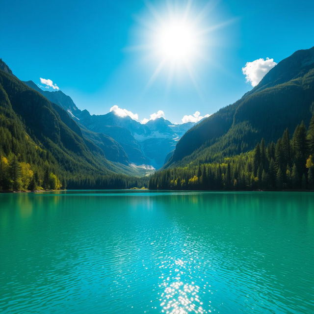 A beautiful landscape featuring a serene lake surrounded by lush green forests and majestic mountains in the background