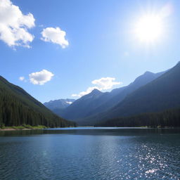 A beautiful landscape featuring a serene lake surrounded by lush green forests and majestic mountains in the background