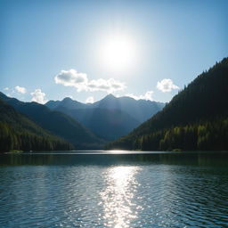 A beautiful landscape featuring a serene lake surrounded by lush green forests and majestic mountains in the background