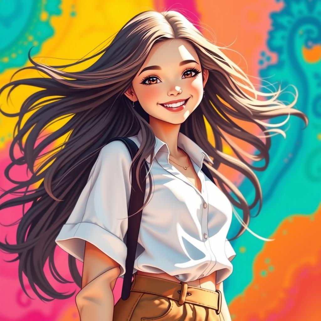 Create an image of a beautiful girl with long, flowing hair, wearing a stylish outfit