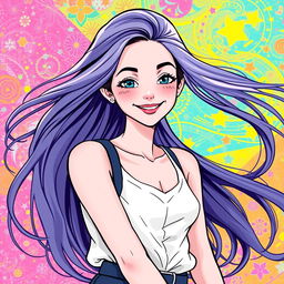 Create an image of a beautiful girl with long, flowing hair, wearing a stylish outfit