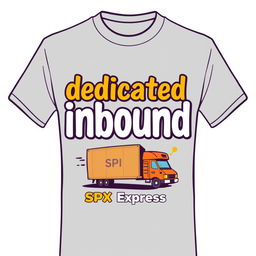 A t-shirt design featuring the words 'dedicated inbound' with a caricature theme of SPX Express