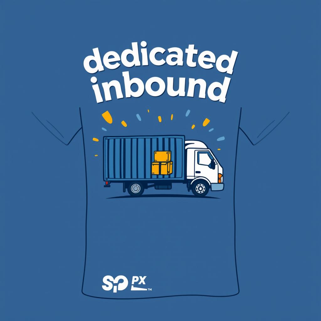 A t-shirt design featuring the words 'dedicated inbound' with a caricature theme of SPX Express