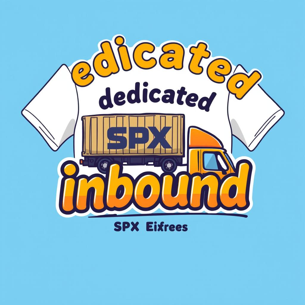 A t-shirt design featuring the words 'dedicated inbound' with a caricature theme of SPX Express