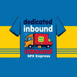 A t-shirt design featuring the words 'dedicated inbound' with a caricature theme of SPX Express