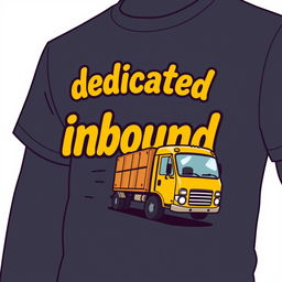 A t-shirt design featuring the words 'dedicated inbound' with a caricature theme of SPX Express