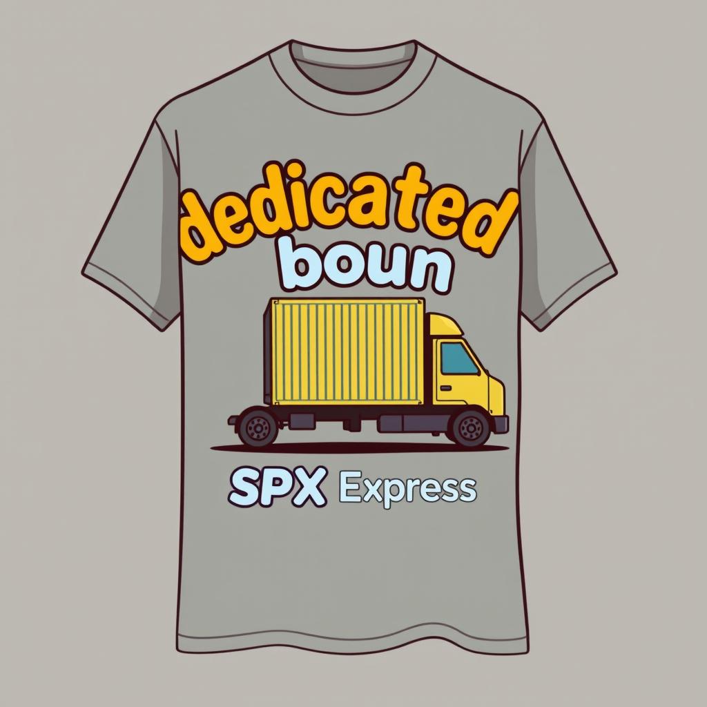 A t-shirt design featuring the words 'dedicated inbound' with a caricature theme of SPX Express