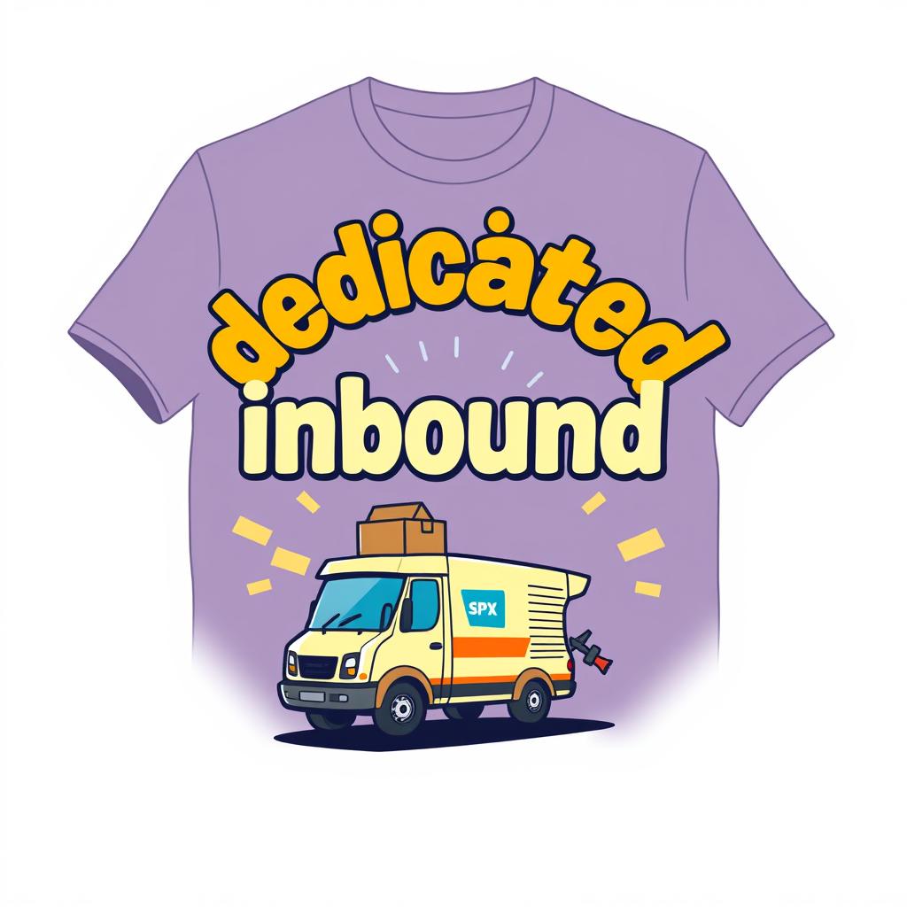 A t-shirt design featuring the words 'dedicated inbound' with a caricature theme of SPX Express