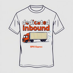 A t-shirt design featuring the words 'dedicated inbound' with a caricature theme of SPX Express