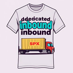 A t-shirt design featuring the words 'dedicated inbound' with a caricature theme of SPX Express