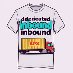 A t-shirt design featuring the words 'dedicated inbound' with a caricature theme of SPX Express