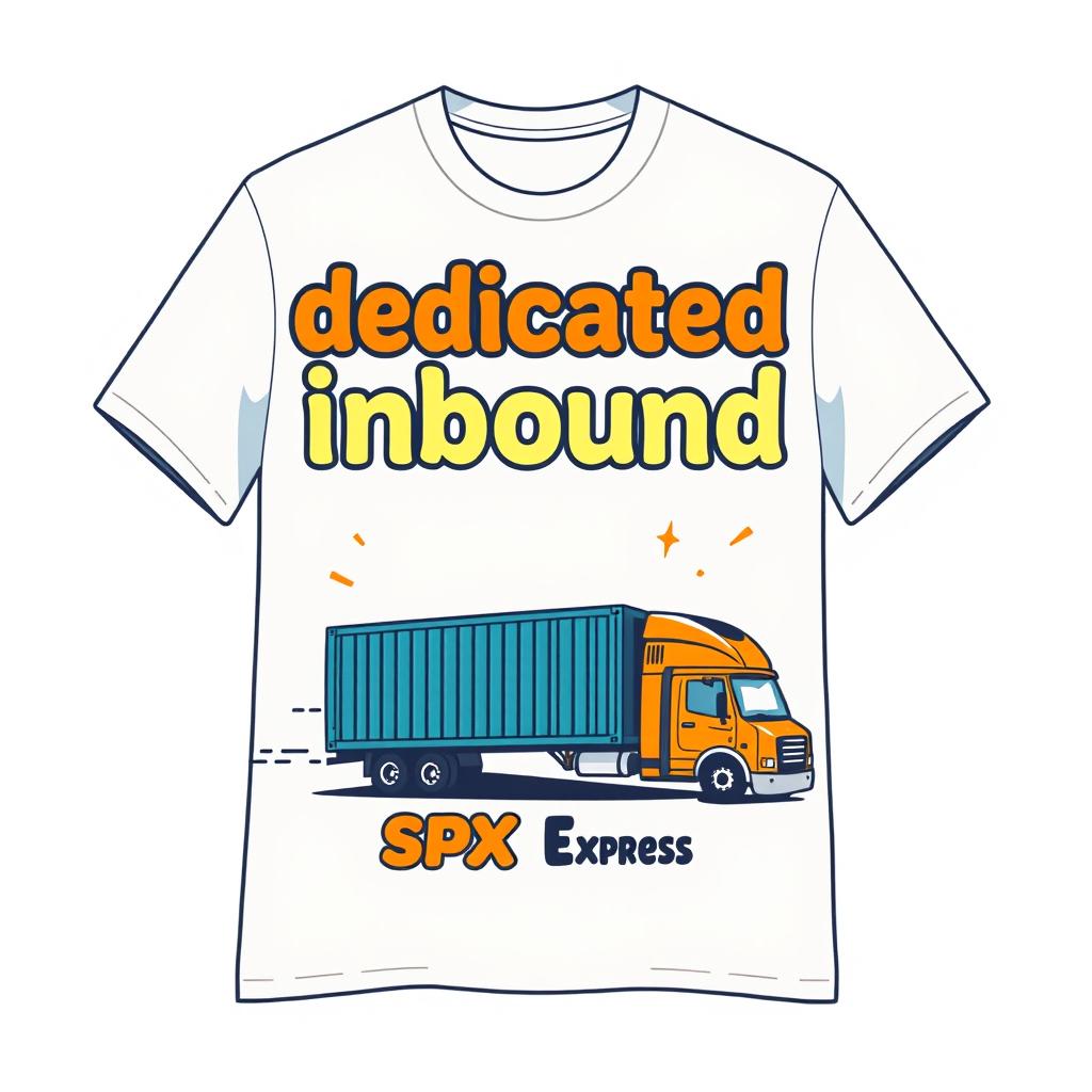 A t-shirt design featuring the words 'dedicated inbound' with a caricature theme of SPX Express